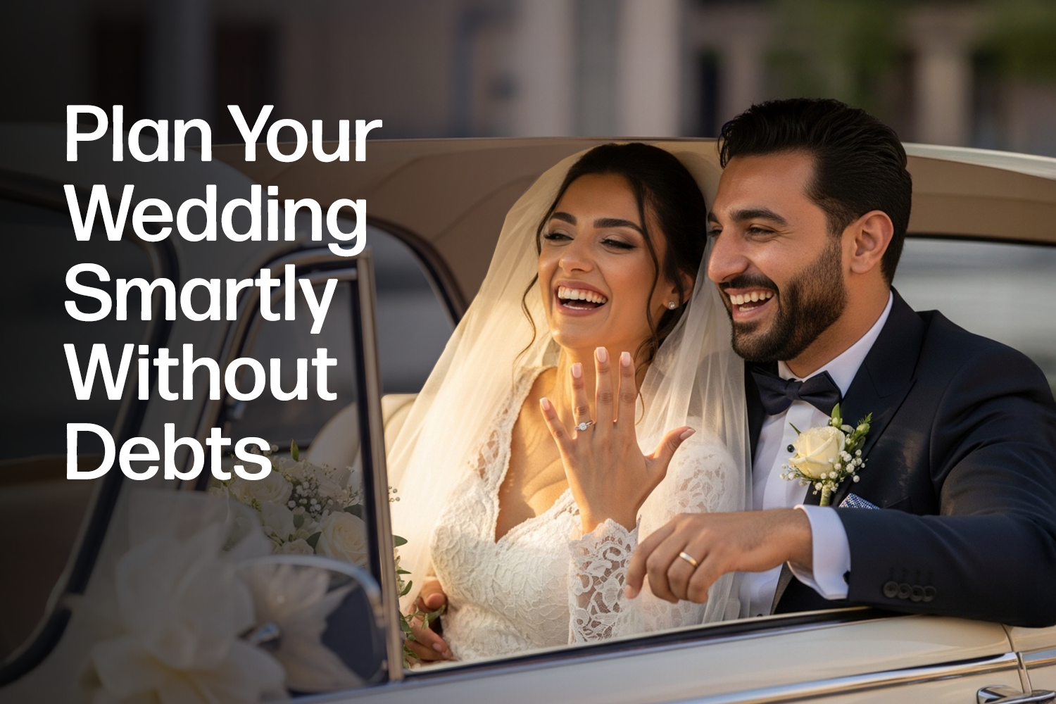 a happy bride and a groom in their wedding with text beside them "Plan you wedding smartly without debts" with Money Fellows