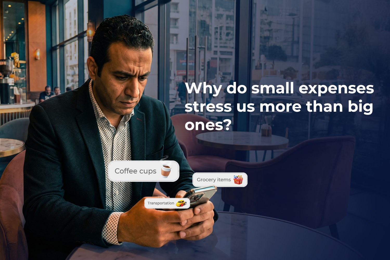 a man setting at a restaurant while holding his mobile and many notifications are popping up of his phone from expenses obsession article on money fellows