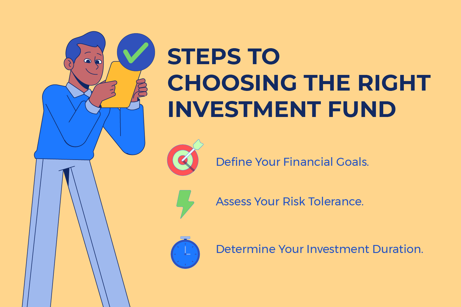 a man looking to a paper and beside him the steps to choosing the right investment funds