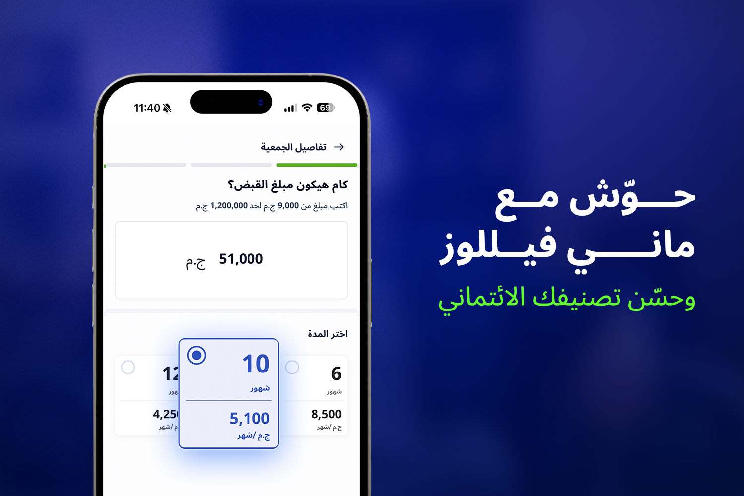 موبايل على شاشته تطبيق ماني فيللوز وتفاصيل الجمعيات من مقال 7 عادات تساعدك تحسّن الـ I-Score بتاعك خطوة بخطوة