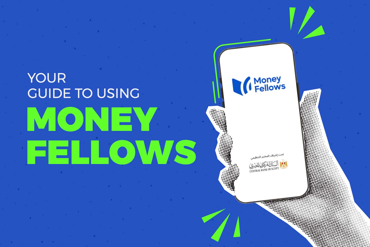 a hand holding mobile phone that's opened on Money Fellows app with the logo of Central Bank of Egypt