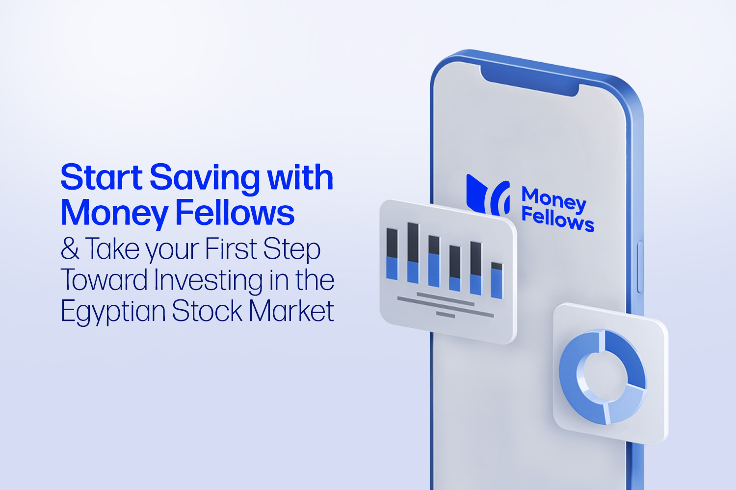 A vector mobile with money fellows logo on its screen and surrounded by investing charts from beginners guide to investing in the EGX