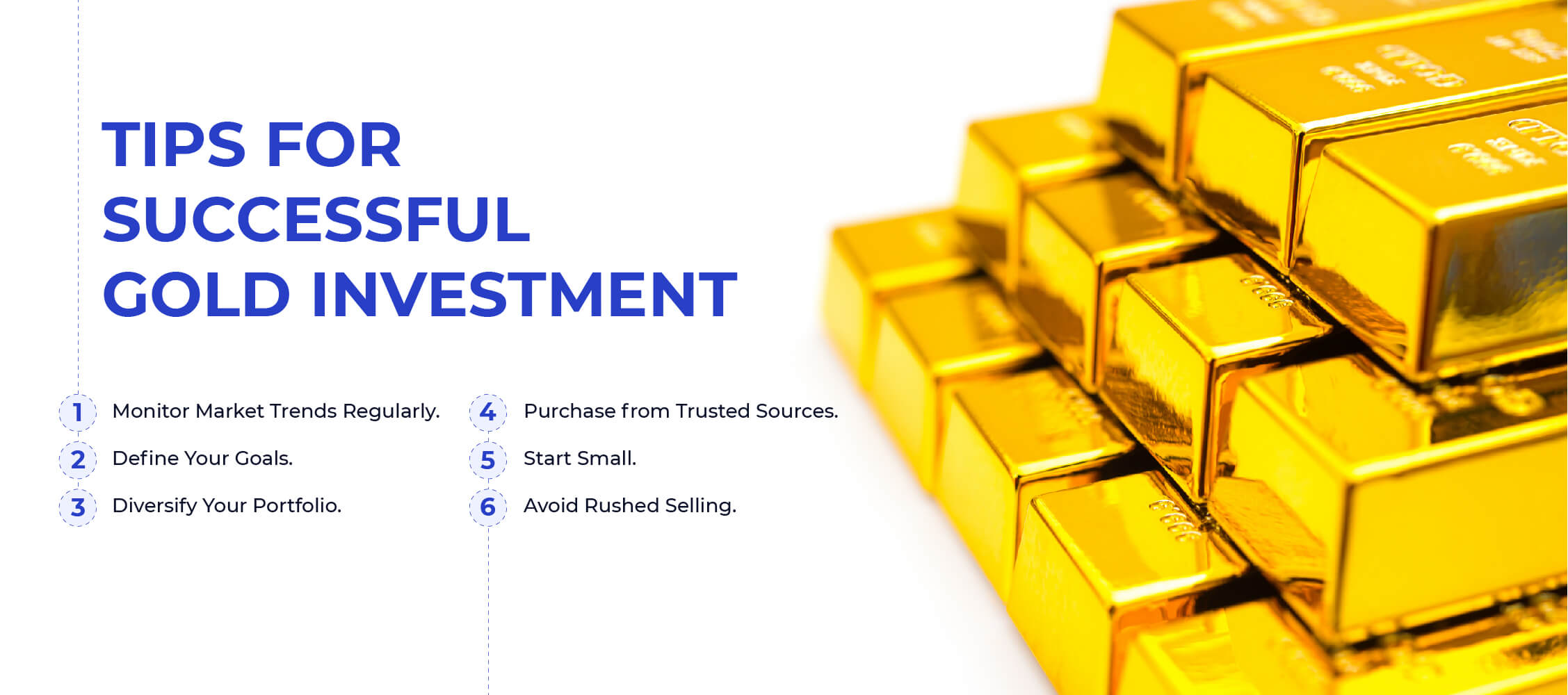 Gold bullion stacked on top of each other to illustrate tips for successful gold investment on 3elm Elgeib blog from Money Fellows