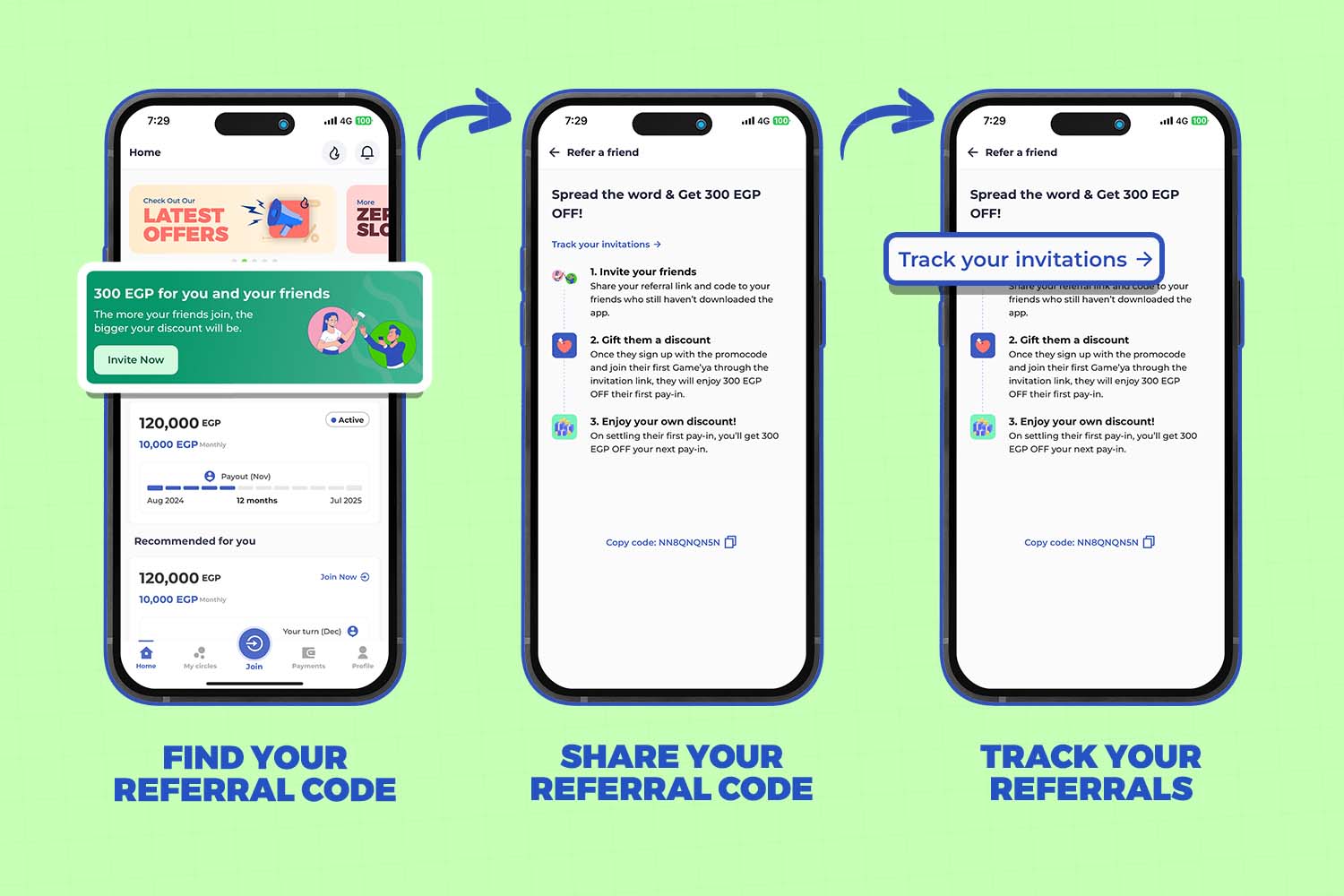 3 screens from Money Fellows app to show how the referral system works