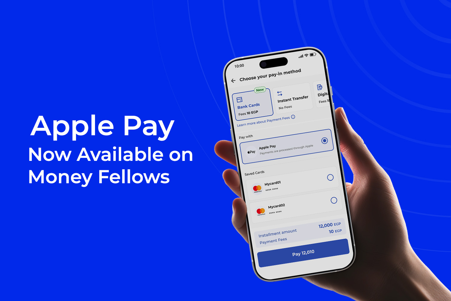 a hand holding mobile phone with Money Fellows app and apple pay service on 3elm Elgeib