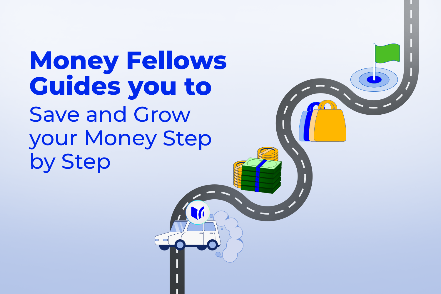 an illustration roadmap with financial goals milestones, like shopping bags, money, and a car from stress-free ways to save money on money fellows blog