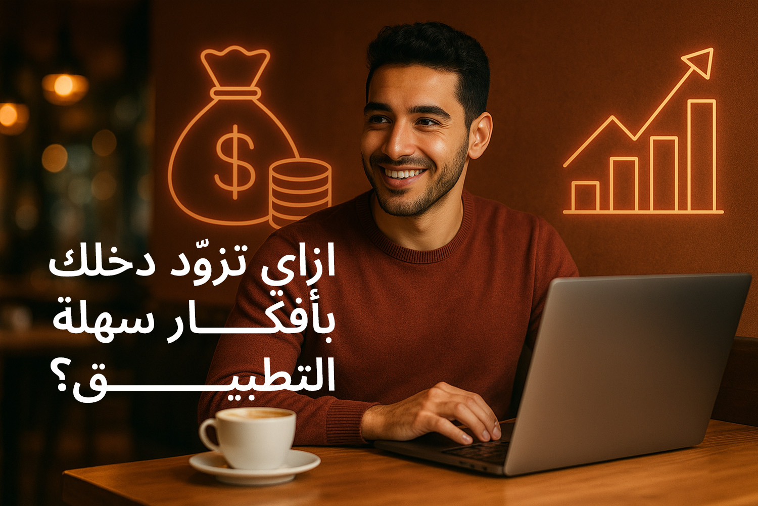 شخص قاعد وقدامه على الترابيزة لاب توب وفنجان قهوة ووراه في الخلفية سهم لزيادة الدخل من مقال ازاي تزود دخلك بأفكار سهلة التطبيق